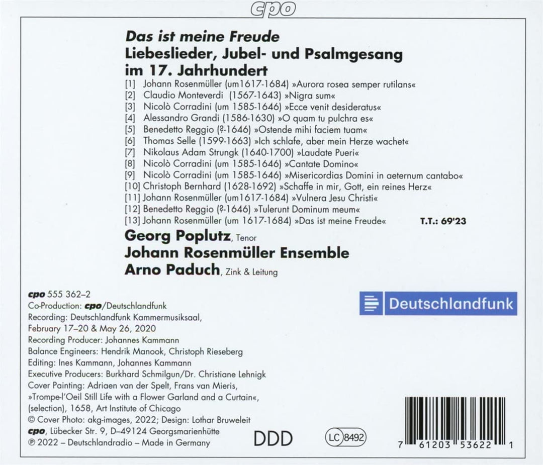 Das ist meine Freude: Liebeslieder [Georg Poplutz; Johann-Rosenmüller-Ensemble; Arno Paduch] [Cpo: 555362-2] [Audio CD]