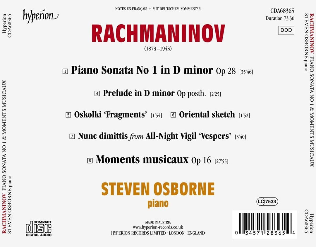 Steven Osborne – Rachmaninow: Klaviersonate 1 [Steven Osborne] [Hyperion Records: CDA68365] [Audio-CD]