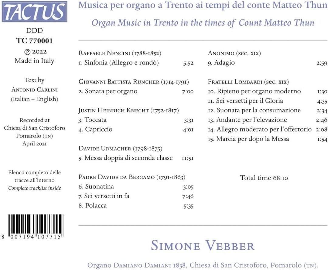 Orgelmusik in Trient [Simone Vebber] [Tactus: TC 770001] [Audio CD]