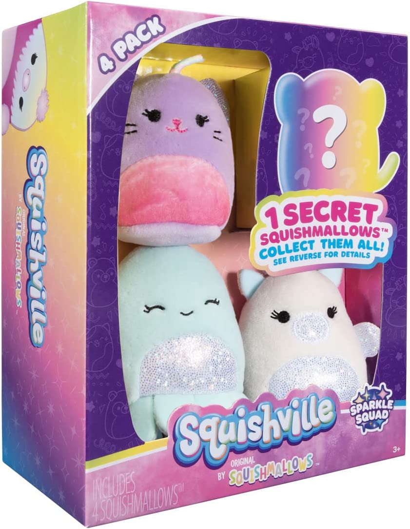 Squishville von Squishmallows SQM0327 Sparkle Squad Vier 2-Zoll-Plüschtiere für Kinder