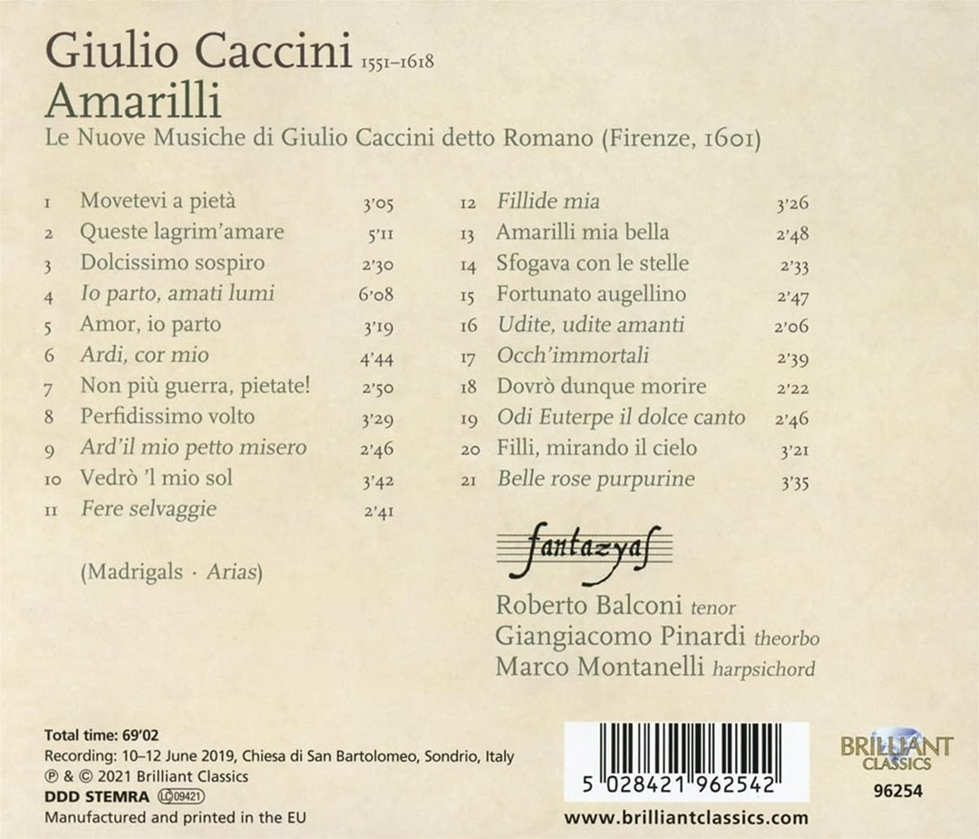 Caccini: Amarilli, Le Nuove Musiche, 1601 [Audio-CD]