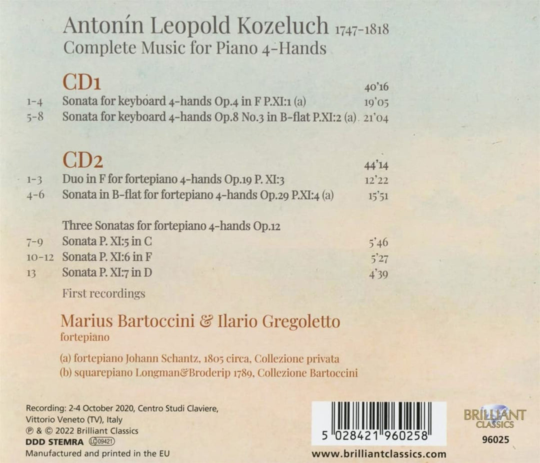 Kozeluch: Complete Sonatas for Piano 4-hands [Audio CD]