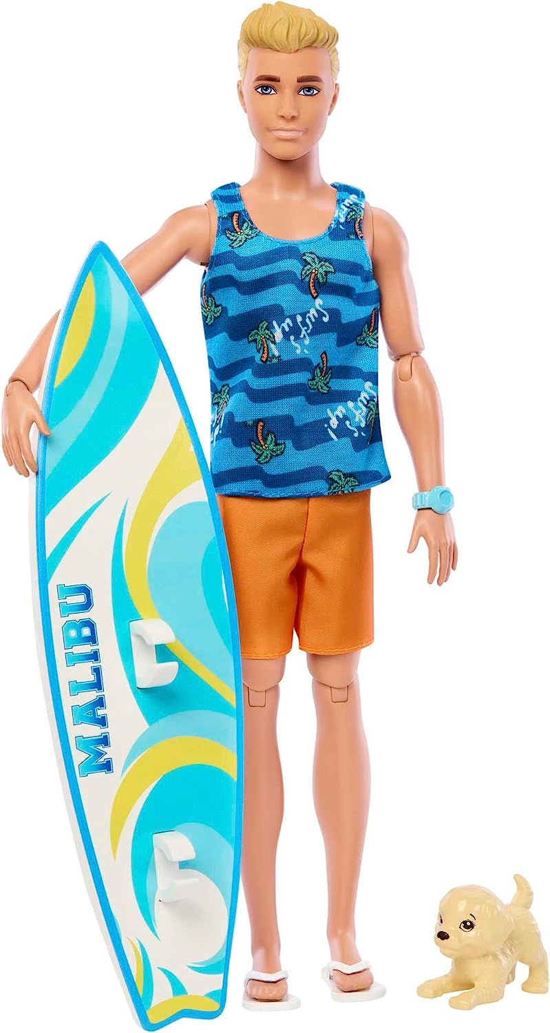 Ken-Puppe mit Surfbrett und Haustierwelpe, bewegliche blonde Barbie-Ken-Strandpuppe mit Witz