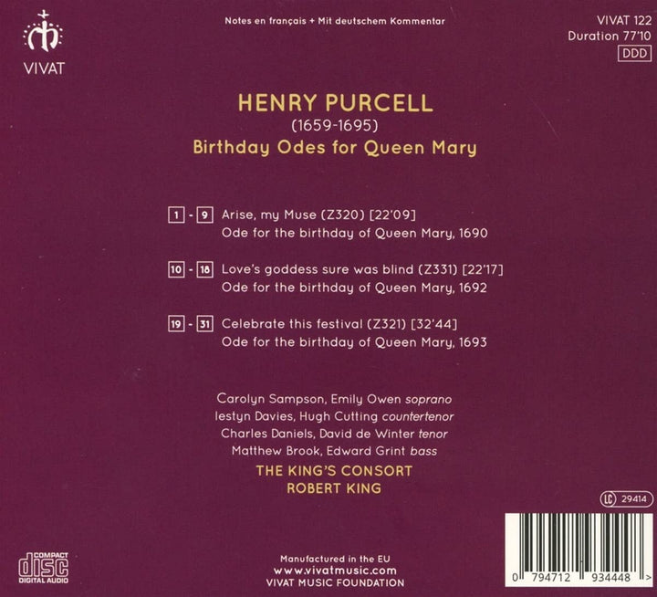 The King's Consort - Purcell: Birthday Odes for Queen Mary [Audio-CD]