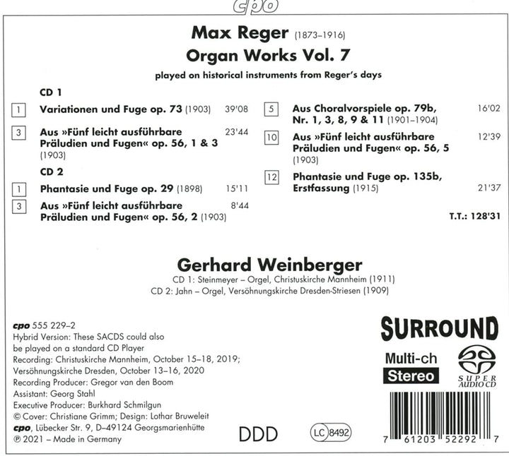 Reger: Orgelwerke Bd. 7 [Gerhard Weinberger] [Cpo: 555229-2] [Audio CD]