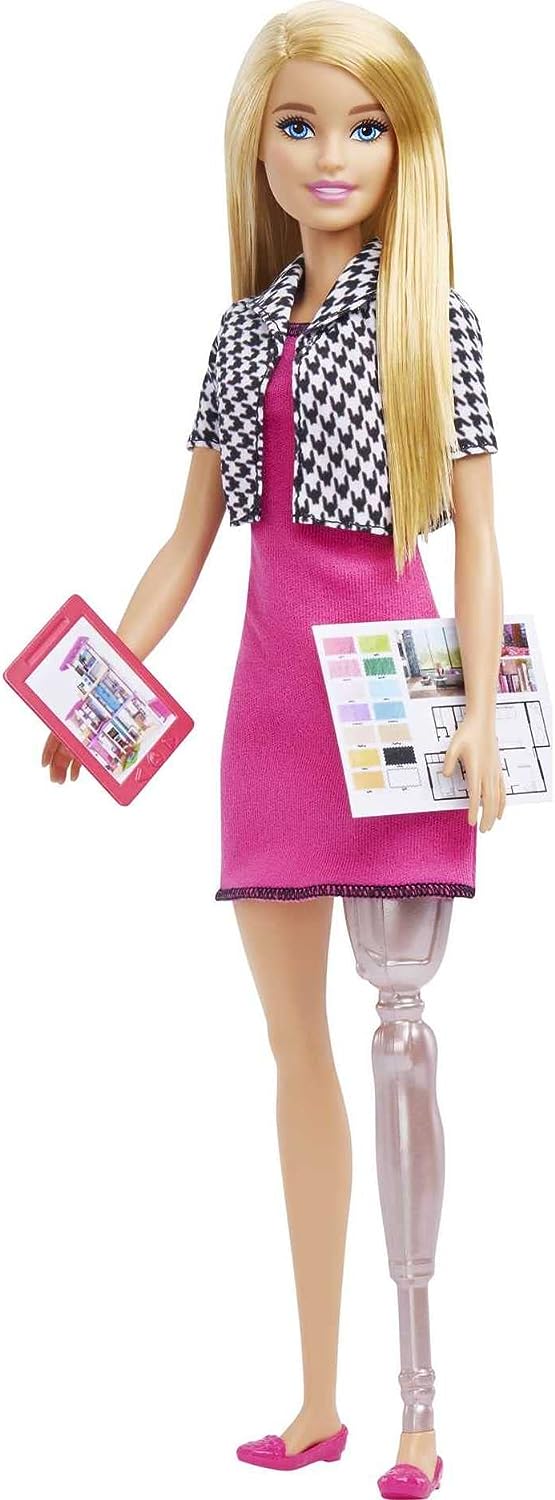 Barbie-Innenarchitektenpuppe, blond, rosa Kleid und Jacke mit Hahnentrittmuster, Prothese