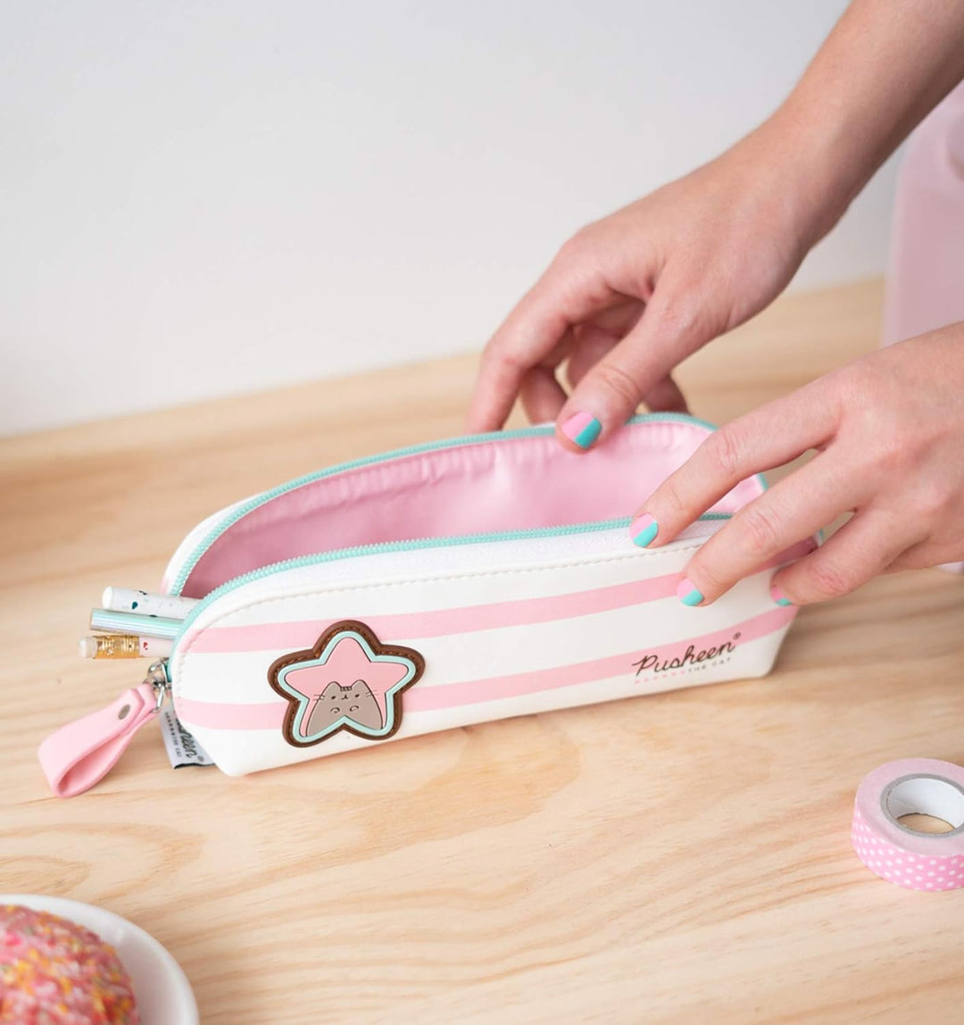 Erik - Pusheen Rose Collection Striped Pencil Case, Cosmetic Case