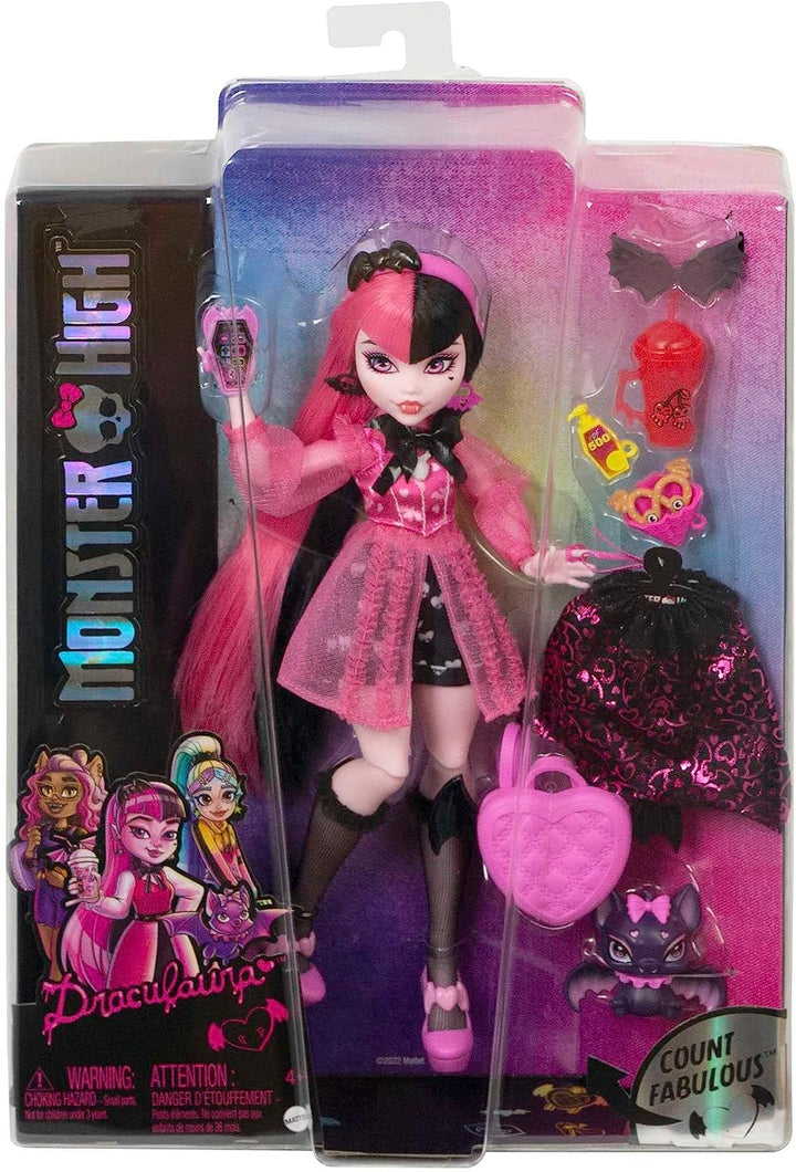 Monster High Puppe, Draculaura mit Zubehör und Haustierfledermaus, bewegliche Modepuppe