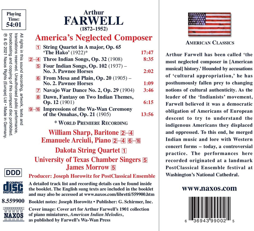 Farwell: Lieder, Chor, Klavier [Dakota String Quartet; William Sharp; Emanuele Arciuli; Kammersänger der University of Texas; James Morrow] [Naxos: 8559900] [Audio CD]