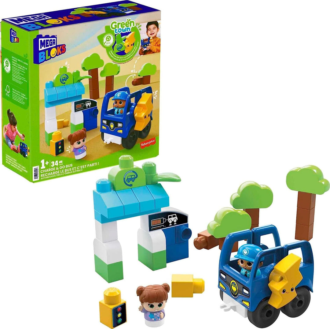 Mega Bloks Green Town Charge &amp; Go Bus – Rollbus-Bauset mit 35 Big Blo