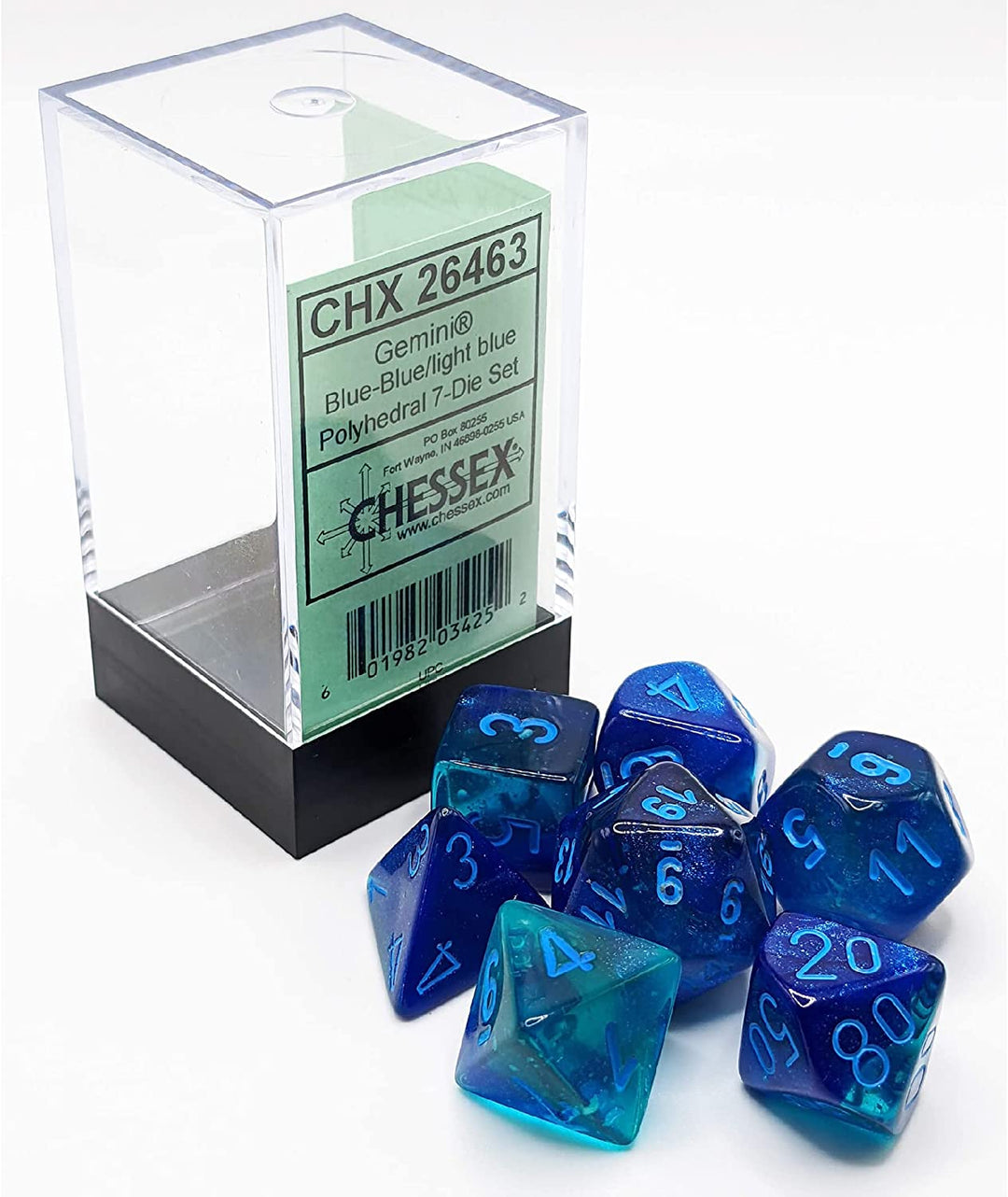 Chessex Gemini Luminary Würfel-Set, 7 polyedrische Würfel, Blau mit Hellblau