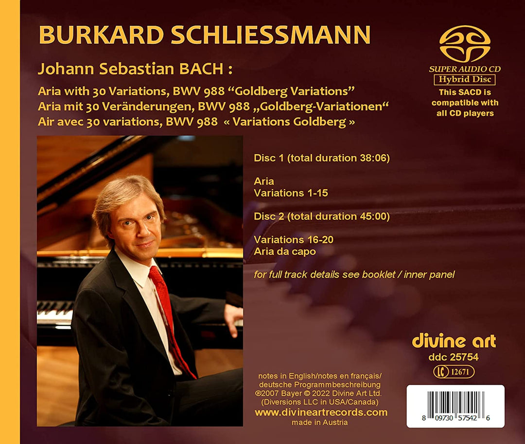 Bach: Goldberg-Variationen BWV 988 [Burkard Schliessmann] [Divine Art: DDC 25754] [Audio CD] 