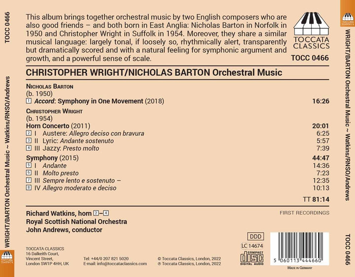 Wright; Barton: Orchestermusik [Richard Watkins; Royal Scottish National Orchestra; John Andrews] [Toccata Classics: TOCC 0466] [Audio CD]