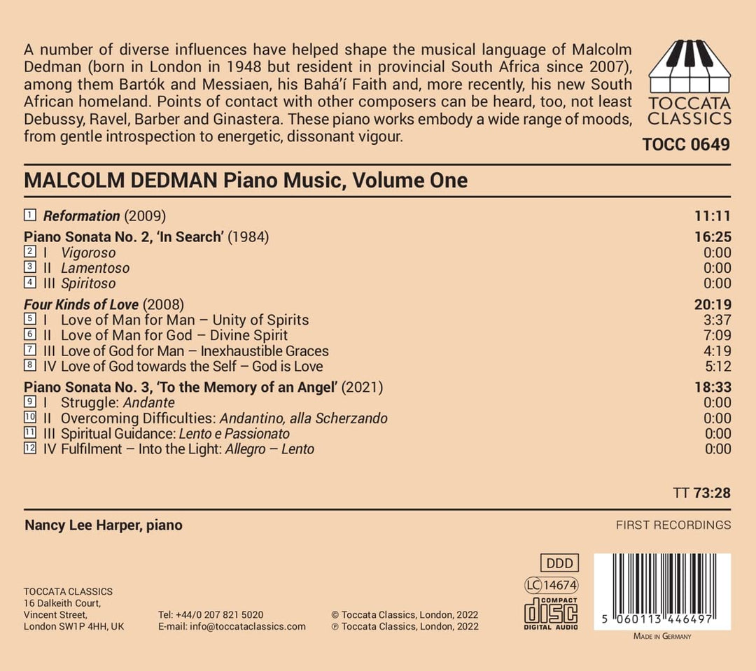 Nancy Lee Harper – Dedman: Klaviermusik, Vol. 1 [Nancy Lee Harper] [Toccata Classics: TOCC 0649] [Audio CD] 