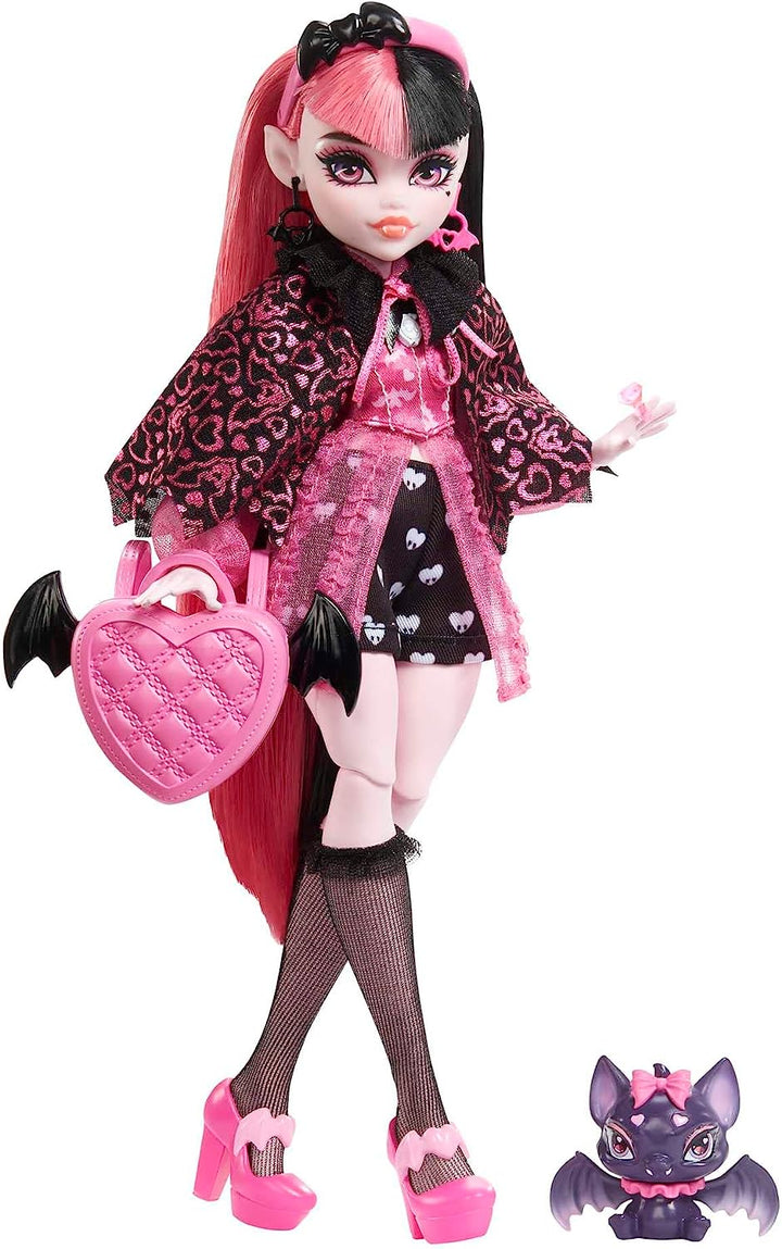 Monster High Puppe, Draculaura mit Zubehör und Haustierfledermaus, bewegliche Modepuppe