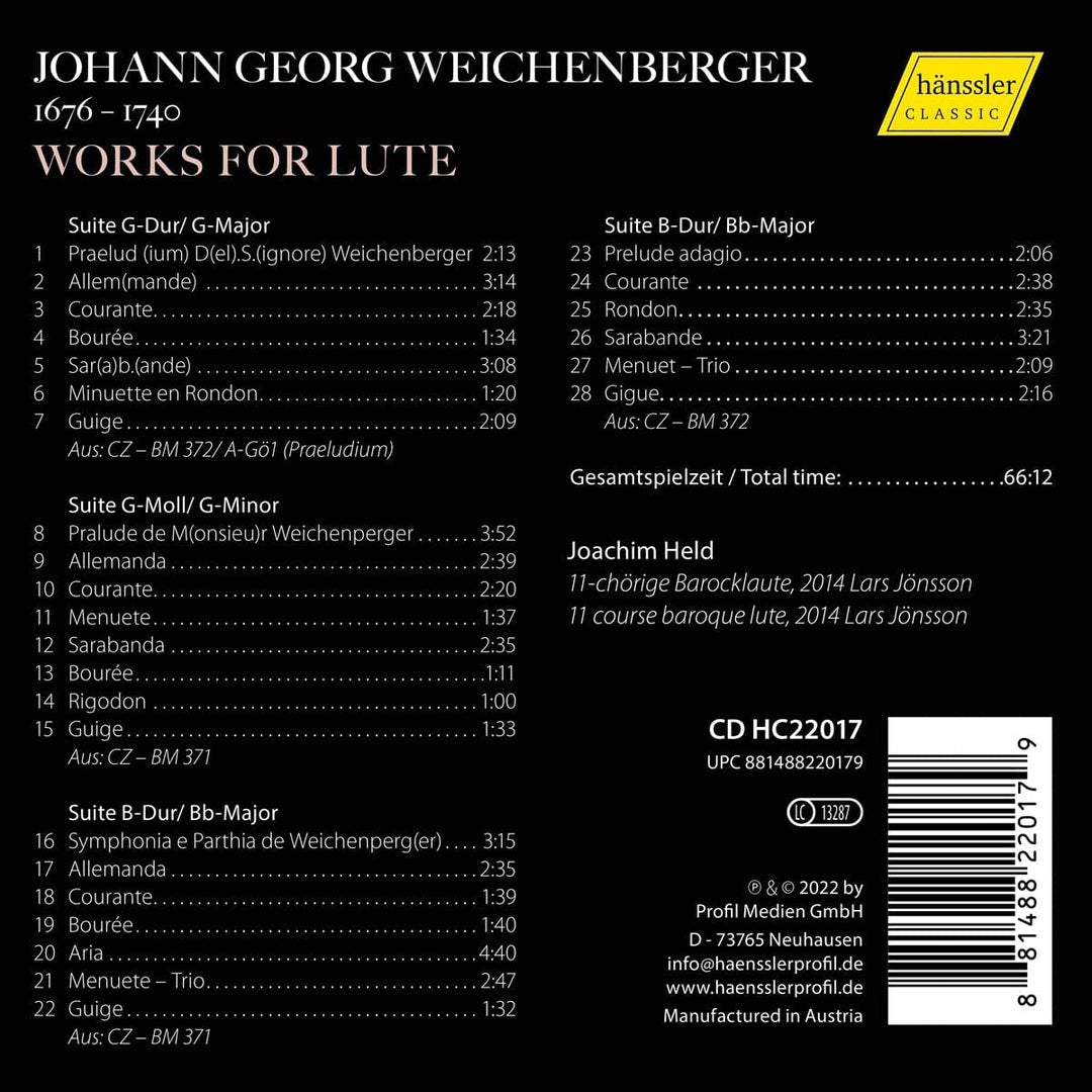 Weichenberger: Werke für Laute [Joachim Held] [Hanssler Classic: HC22017] [Audio CD]