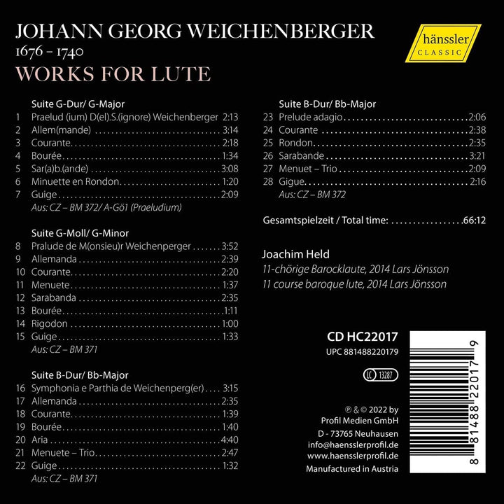 Weichenberger: Works For Lute [Joachim Held] [Hanssler Classic: HC22017] [Audio CD]