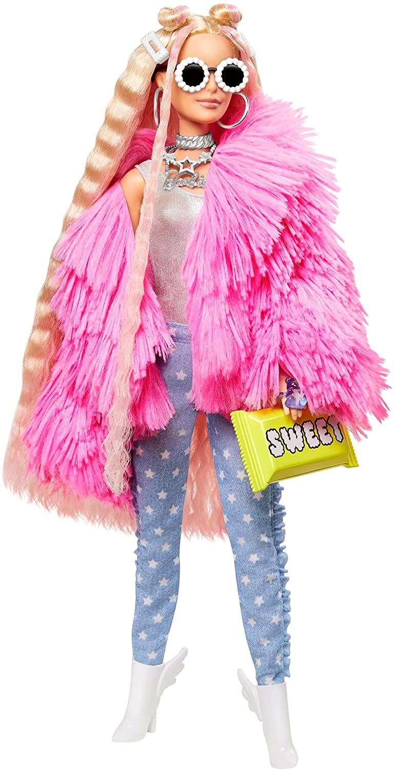 Barbie Extra-pop in roze pluizige jas met eenhoornvarkensspeelgoed