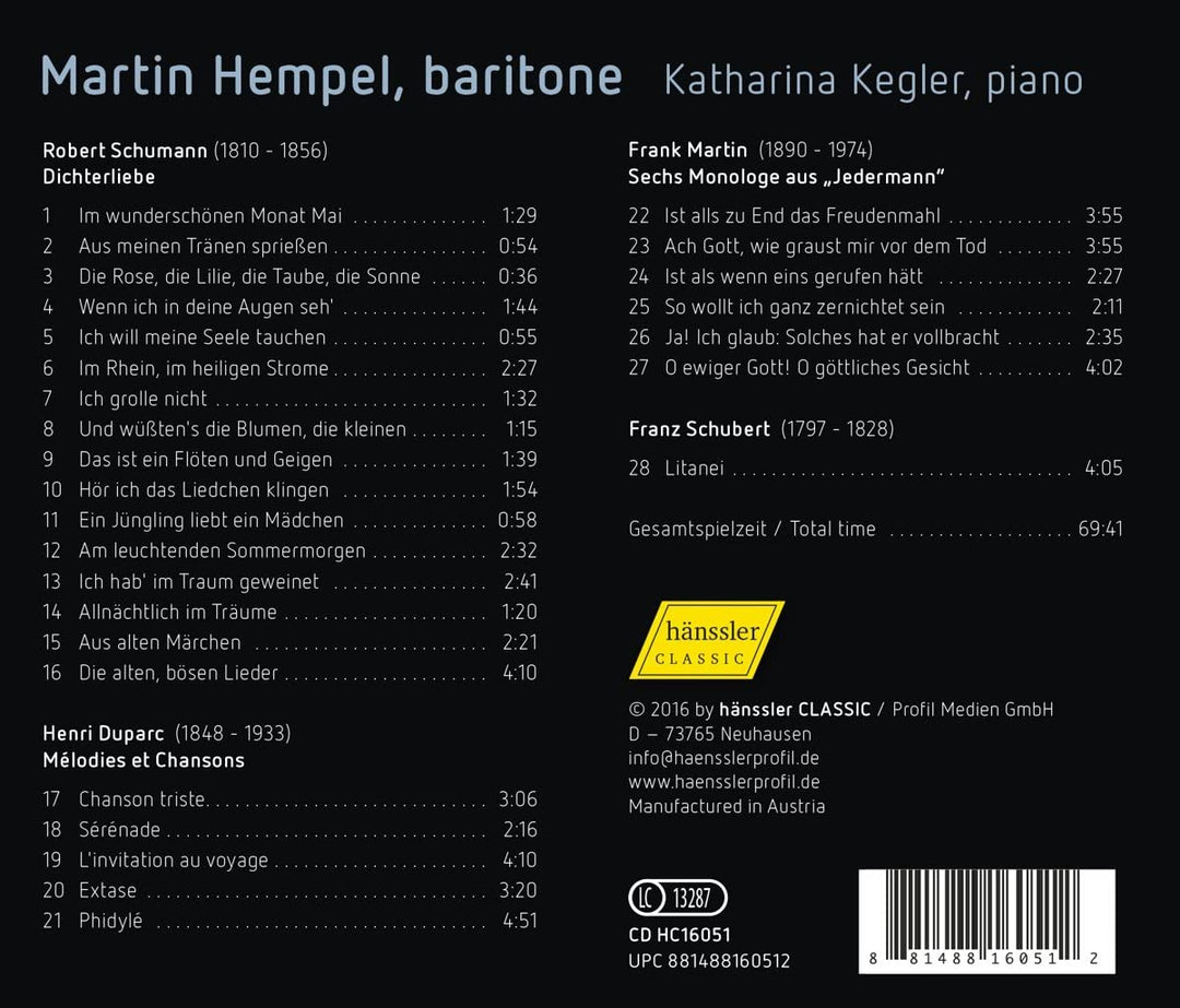 Schuman/Duparc/Martin [Martin Hempel; Katharina Kegler ] [Hanssler Classic: HC16051] [Audio CD]