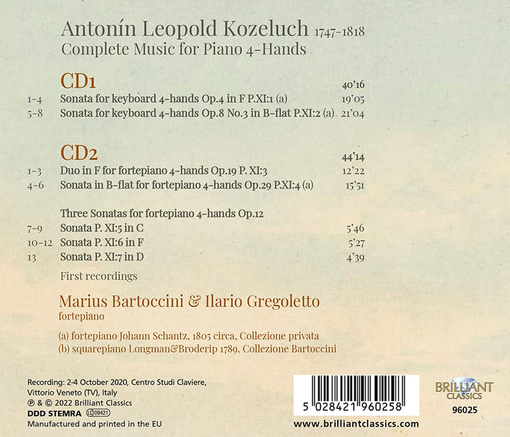 Kozeluch: Sämtliche Sonaten für Klavier zu 4 Händen [Audio CD]