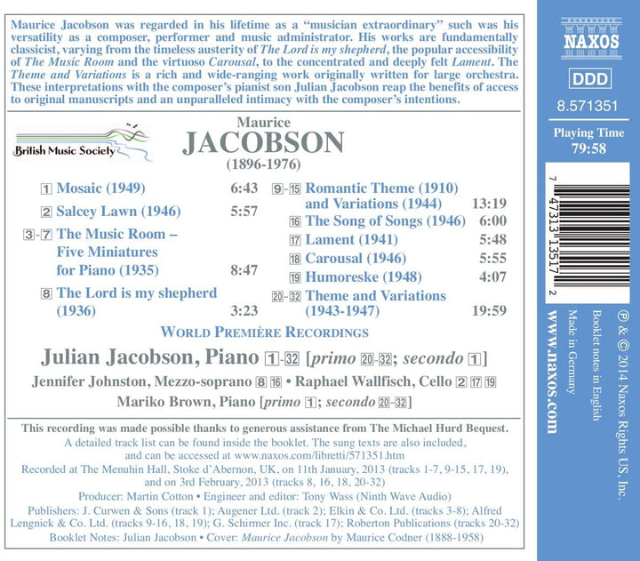 Julian Jacobson - Jacobson: Theme &amp; Variations [Julian Jacobson, Jennifer Johnston] [Naxos: 8571351] [Audio CD]