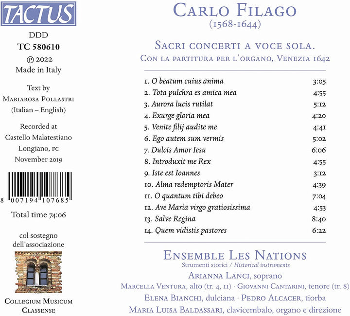 Ensemble Les Nations - Filago: Geistliche Konzerte [Ensemble Les Nations; Maria Luisa Baldassari] [Tactus: TC 580610] [Audio CD] 