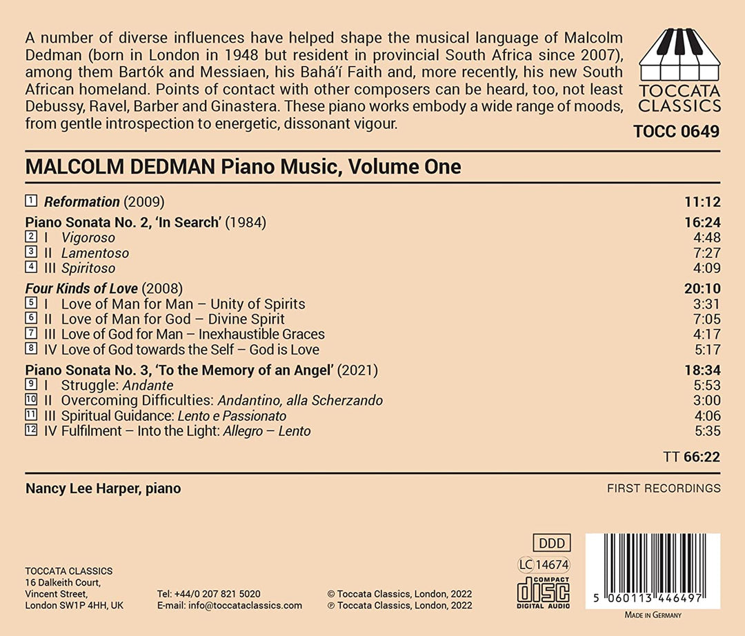 Nancy Lee Harper – Dedman: Klaviermusik, Vol. 1 [Nancy Lee Harper] [Toccata Classics: TOCC 0649] [Audio CD] 