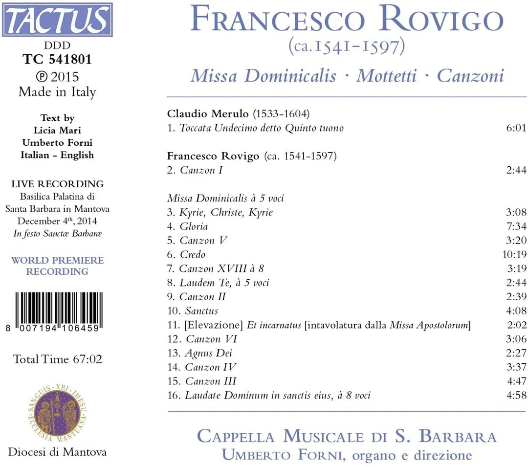 Cappella Musciale di S. Barbara - Rovigo: Missa Dominicalis [Cappella Musciale di S. Barbara, Umberto Forni] [TACTUS: TC 541801] [Audio CD]