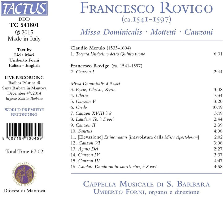 Cappella Musciale di S. Barbara - Rovigo: Missa Dominicalis [Cappella Musciale di S. Barbara, Umberto Forni] [TACTUS: TC 541801] [Audio CD]