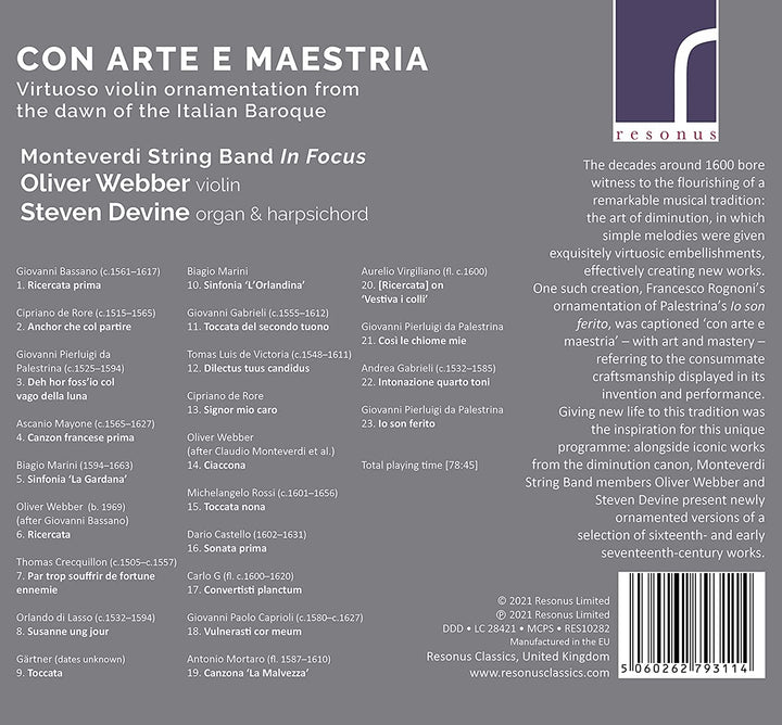 Con Arte E Meastria [Oliver Webber; Steven Devine] [Resonus Classics: RES10282] [Audio CD]