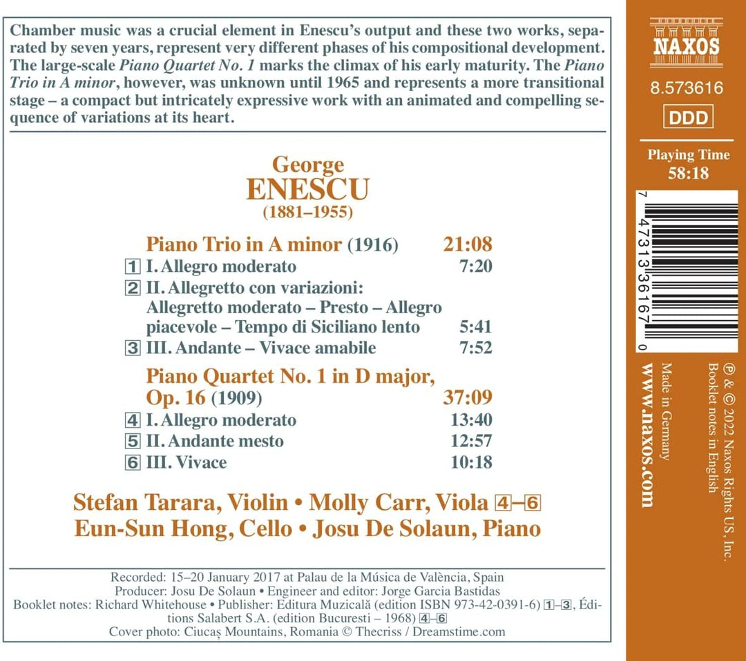 Enescu: Klavierquartett Nr. 1 [Stefan Tarara; Molly Carr; Eun-Sun Hong; Josu De So [Audio-CD]