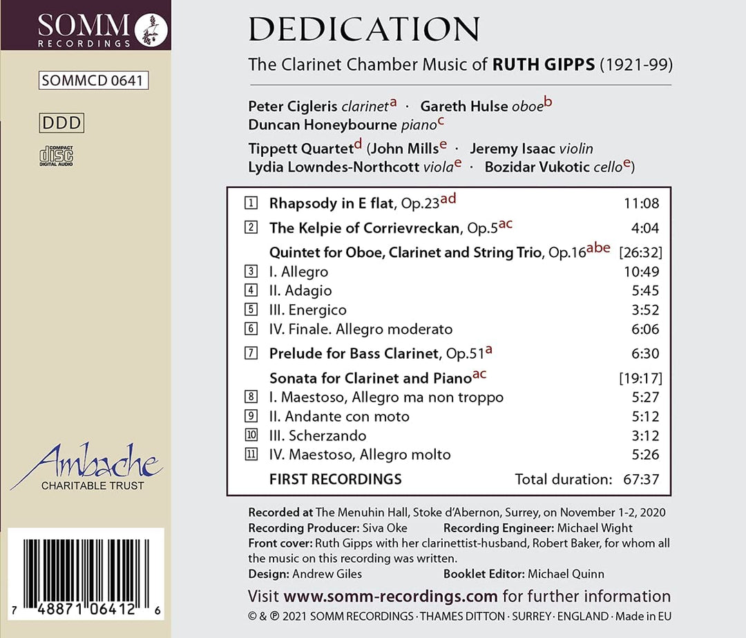 Peter Cigleris – Widmung: Ruth Gipps [Peter Cigleris; Gareth Hulse; Duncan Honeybourne; Tippett Quartet] [Somm Recordings: SOMM 0641] [Audio CD]