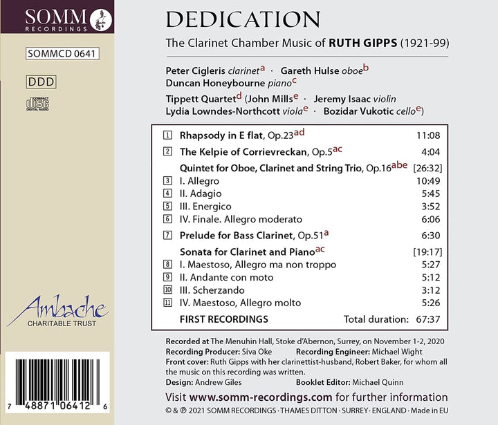 Peter Cigleris – Widmung: Ruth Gipps [Peter Cigleris; Gareth Hulse; Duncan Honeybourne; Tippett Quartet] [Somm Recordings: SOMM 0641] [Audio CD]