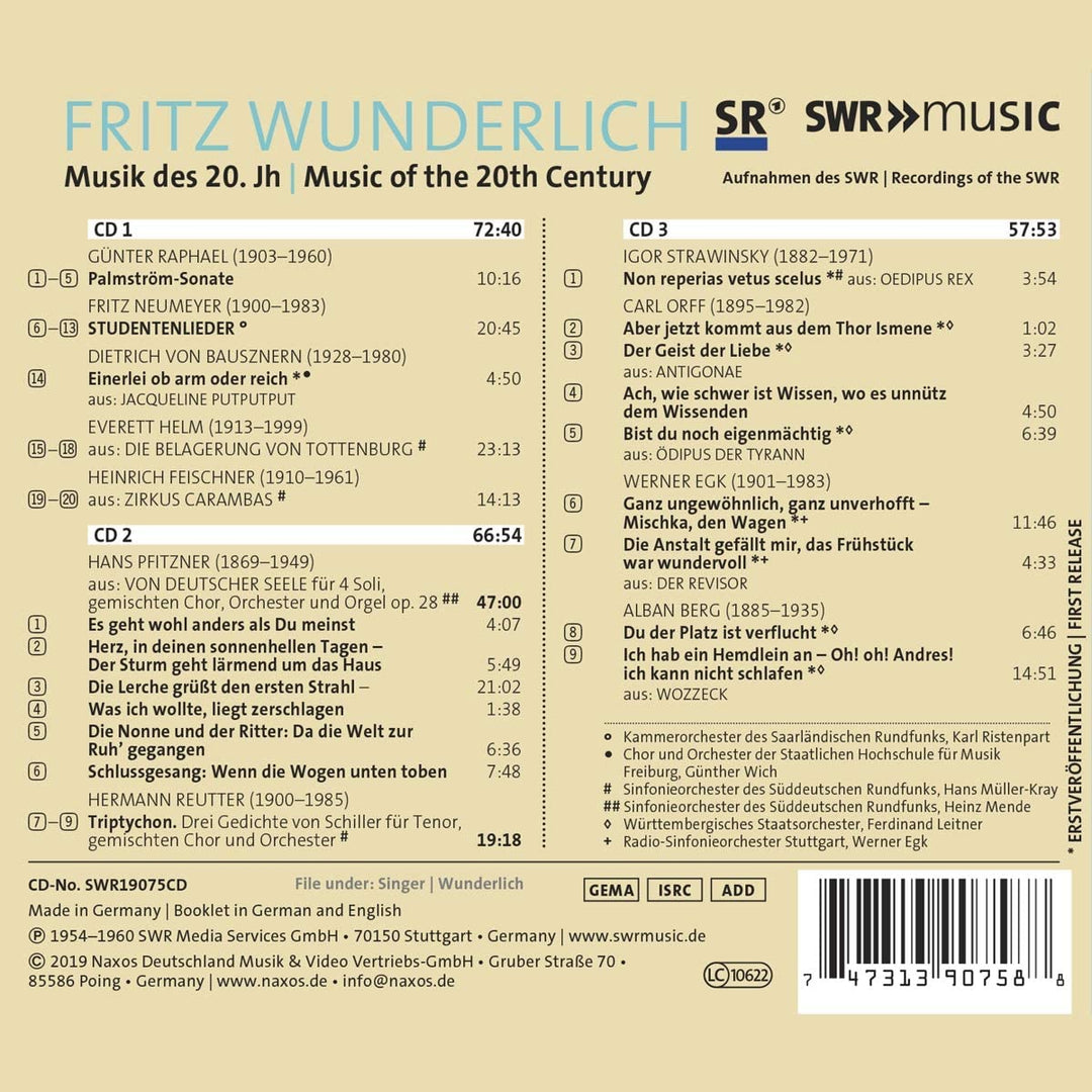 Fritz Wunderlich - Wunderlich: Musik des 20. Jahrhunderts [Fritz Wunderlich; Kammerorchester des Saarländischen Rundfunks; Hans Müller-Kray] [Swr Classic: SWR190 [Audio CD]