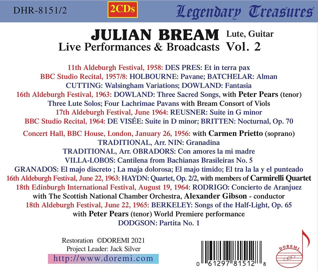 Julian Bream - Julian Bream Live Vol. 2 [Julian Bream; Peter Pears; Carmen Prietto; Carmirelli Quartet; The Scottish National Orchestra; Andrew Gibson] [Doremi: DHR-8151/2] [Audio CD]