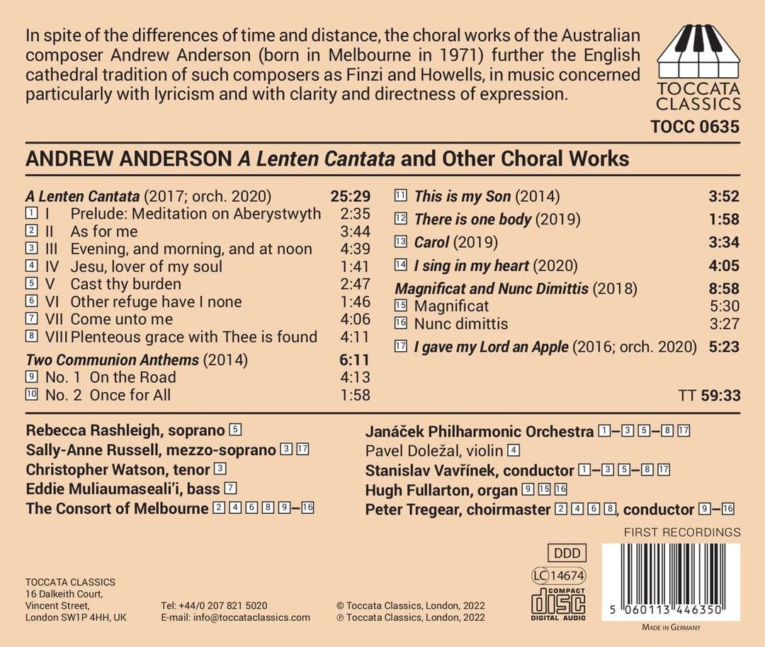 Rebecca Rashleigh - Anderson: A Lenten Cantata and other Choral Works [Verschiedene] [Toccata Classics: T [Audio CD]