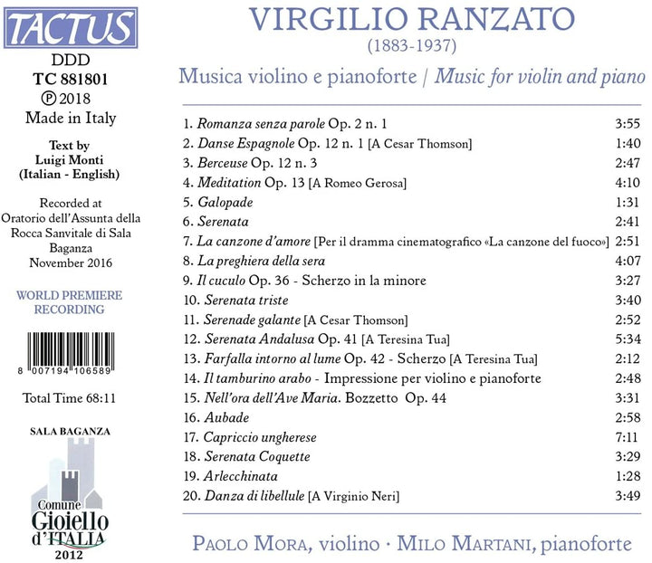 Paolo Mora - Ranzato: Musik für Violine und Klavier [Paolo Mora; Milo Martani] [Tactus: TC 881801] [Audio CD]