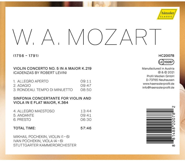 Mozart: Sinfonia Concertante [Mikhael Pochekin; Ivan Pochekin; Stuttgarter Kammerorchester] [Hanssler Classics: HC20078] [Audio CD]