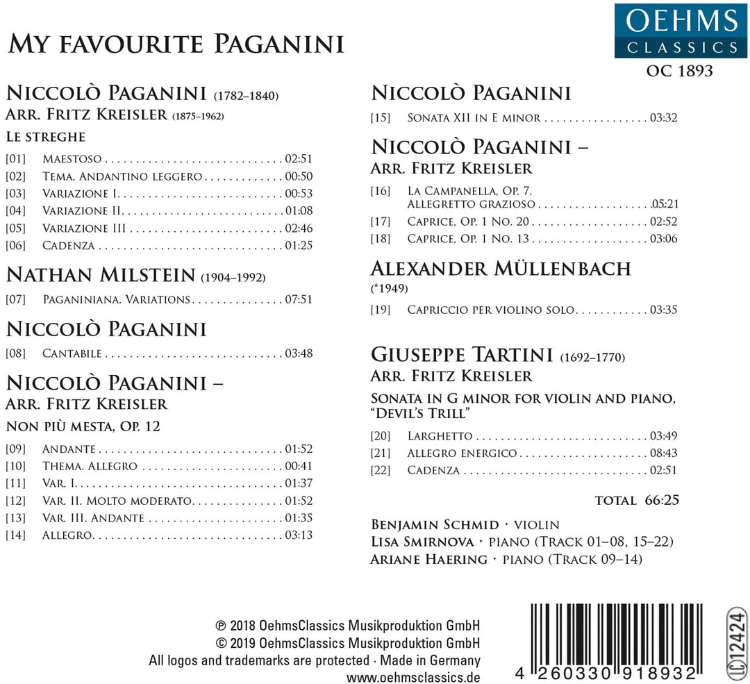 My Favourite Paganini [Benjamin Schmid; Lisa Smirnova; Ariane Haering] [Oehms Classics: OC1893] [Audio CD]