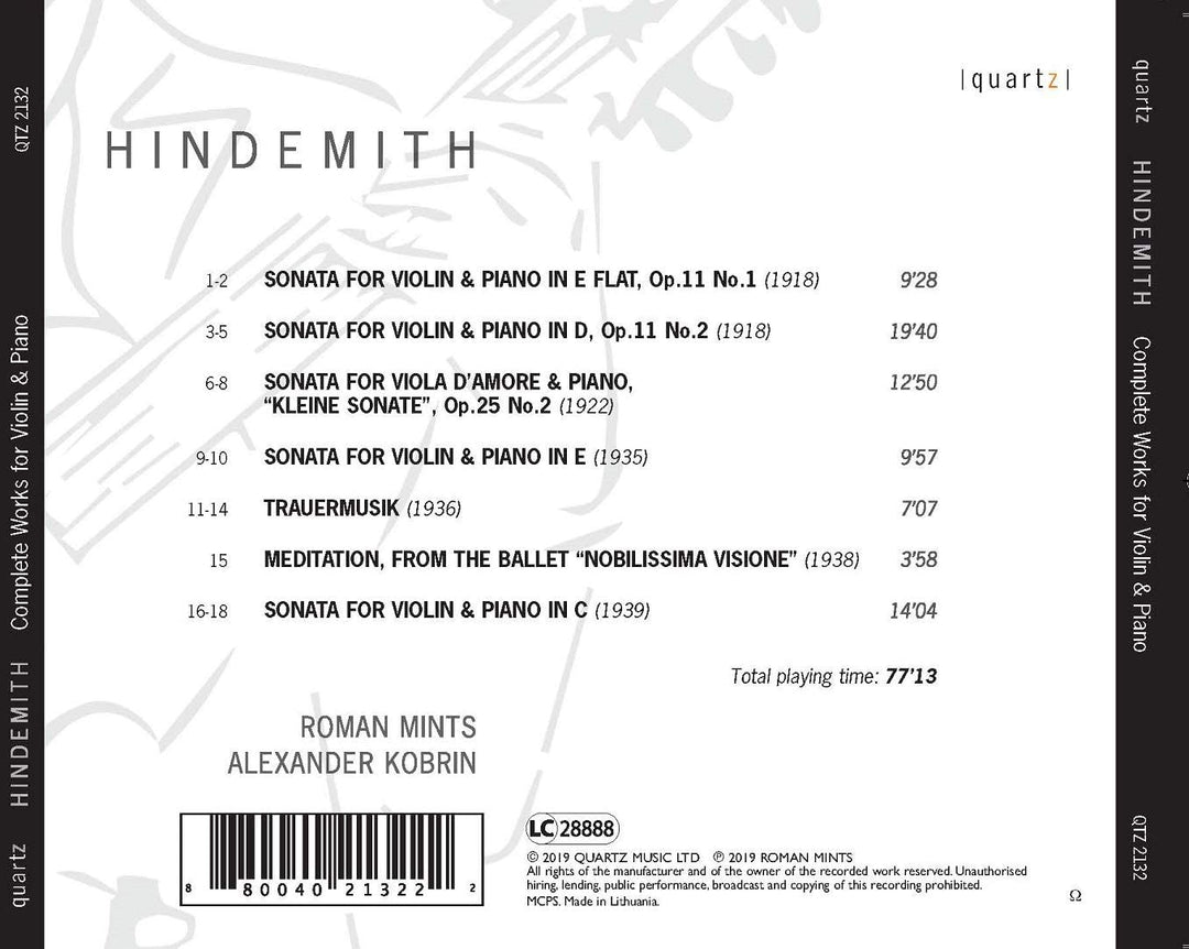 Roman Mints - Hindemith: Werke Violine und Klavier [Roman Mints; Alexander Kobrin] [Quartz: QTZ2132] [Audio CD]