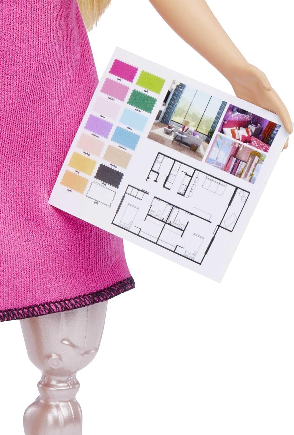 Barbie-Innenarchitektenpuppe, blond, rosa Kleid und Jacke mit Hahnentrittmuster, Prothese