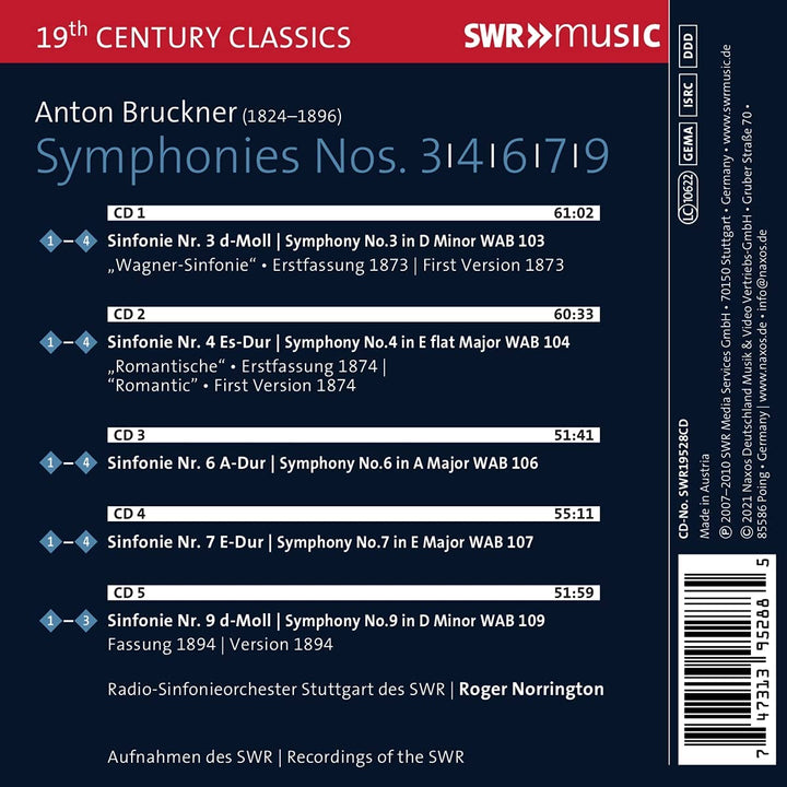 Bruckner: Sinfonien 3 4 6 9 [Radio-Sinfonieorchester Stuttgart des SWR; Sir Roger Norrington] [Swr Classic: SWR195 [Audio CD]