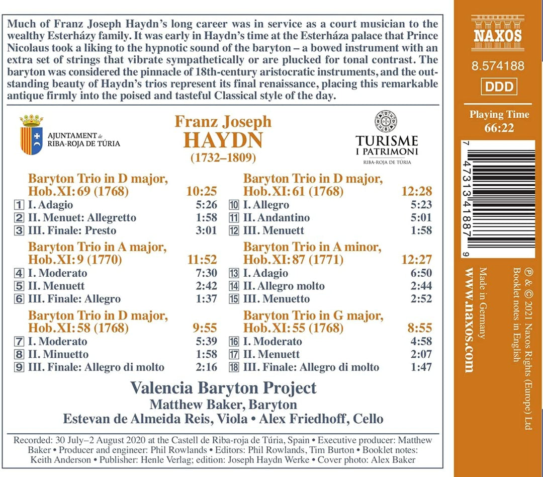 Haydn: Baryton Trios [Valencia Baryton Project; Valencia-Baryton-Projekt: Matthew Baker; Estevan de Almeida Reis; Alex Friedhoff] [Naxos: 8574188] [Audio CD]