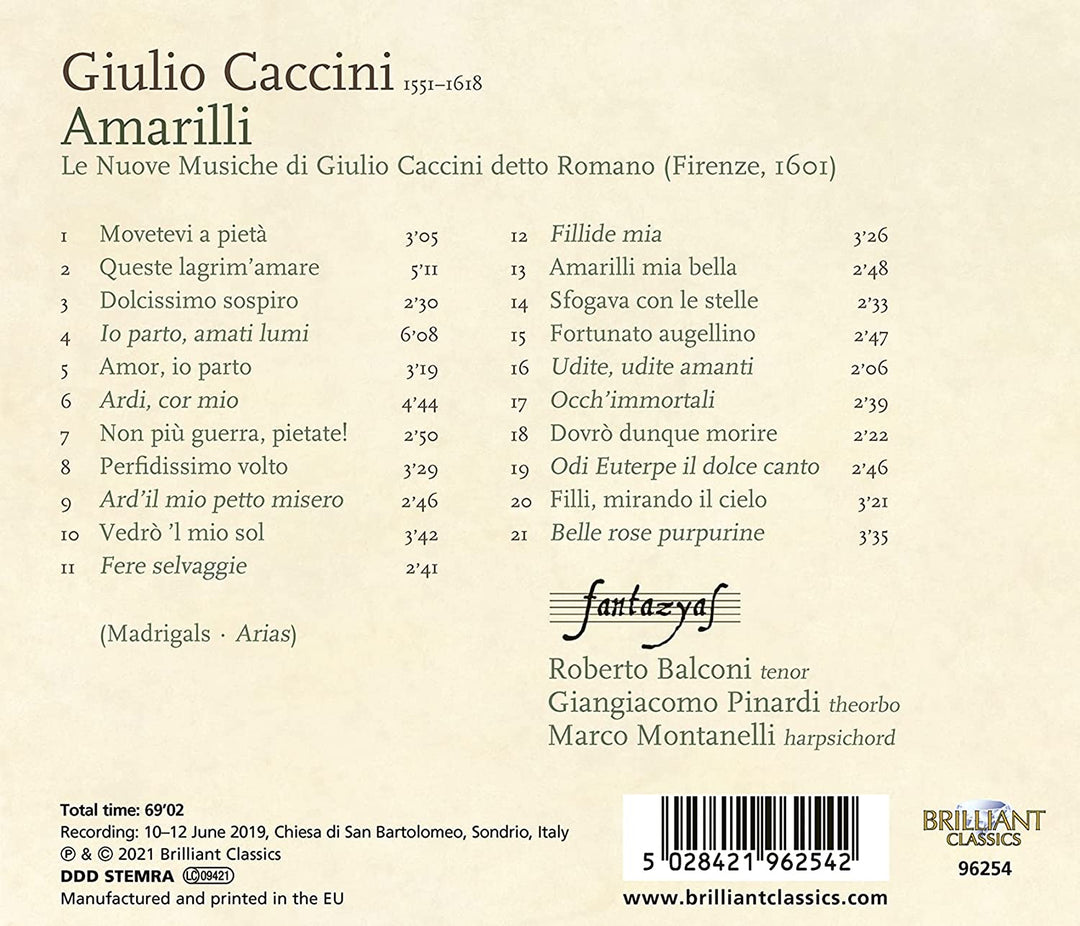 Caccini: Amarilli, Le Nuove Musiche, 1601 [Audio-CD]