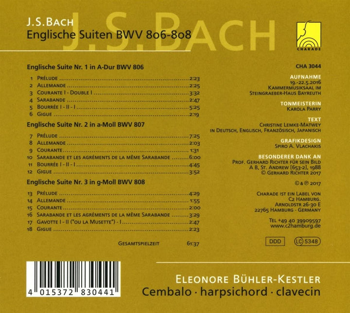 Eleonore Buhler-Kestler - J.S. Bach: English Suites BWV 806 - 808 [Audio CD]