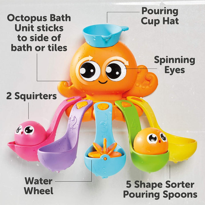 Toomies E73104 Tomy 7-in-1-Aktivitäts-Oktopus, Kinderspielzeug zum Spielen im Wasser, lustiges Badezubehör für Babys und Kleinkinder, geeignet für 18 Monate und älter, mehrfarbig