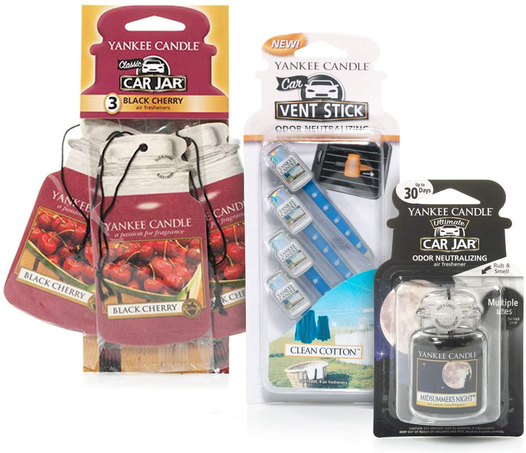 Yankee Candle Lufterfrischer-Set mit 3 (Black Cherry), 1 Ultimate Car Jar (Midsummer's Night) und 4 Vent Sticks (Clean Cotton), klein