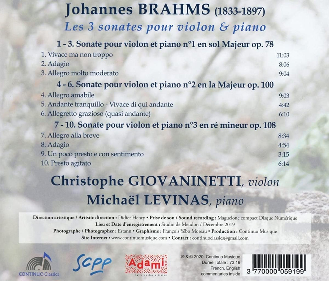 Brahms: Violin/Piano Sonatas [Christophe Giovaninetti; Michaël Levinas] [Continuo Classics: CC 777.719] [Audio CD]