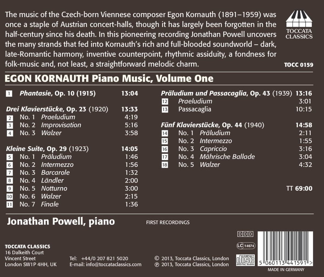 Kornauth: Klaviermusik Vol. 1 (Phantasie, Op.10) (Jonathan Powell) (Toccata Classics: TOCC 0159) [Audio CD]