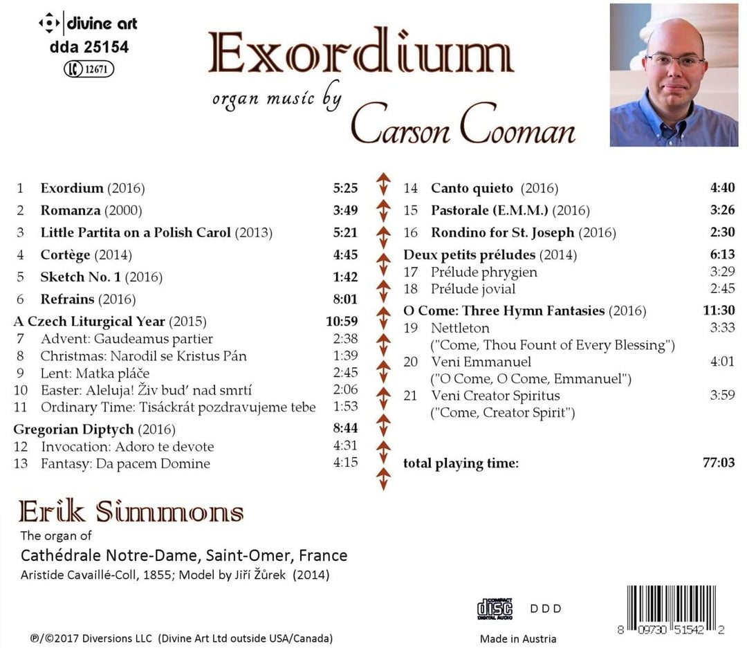 Carson Cooman: Exordium: Musik für Orgel, Bd. 5 [Erik Simmons] [Divine Art: DDA 25154] [Audio CD]